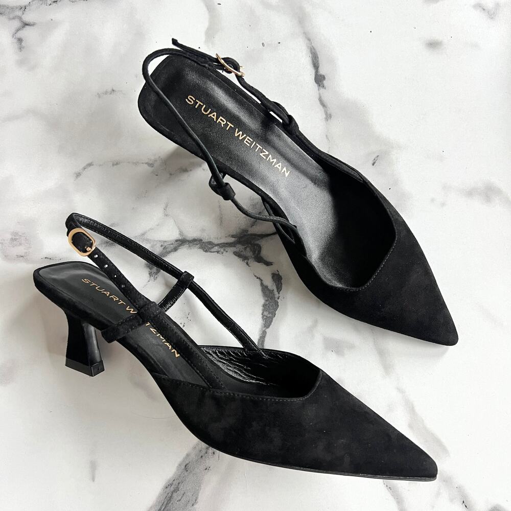 Stuart Weitzman Black Suede Pointed Slingback Kitten Heels
